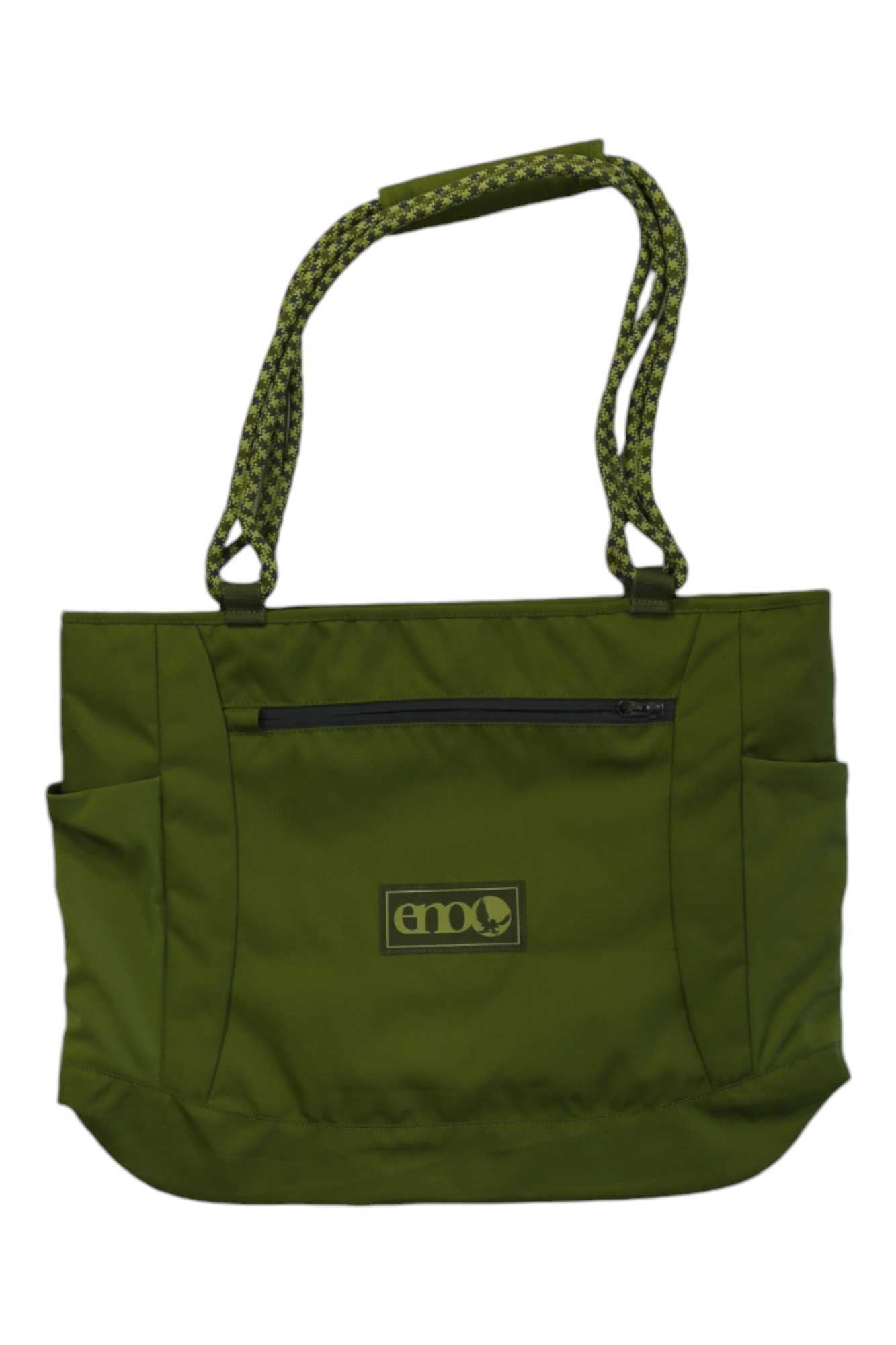 The Eagles Nest Outfitters Relay Tote is a green bag featuring two padded handles, a reinforced bottom, side pockets, a front zippered pocket, a yoga mat sleeve, and an enoc logo patch on the front.