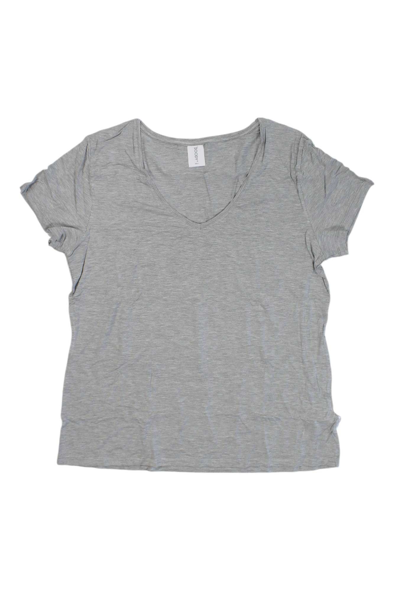 The Boody Womens V-Neck T-Shirt is a sustainable, short-sleeve top in light gray, shown laid flat on a white background.