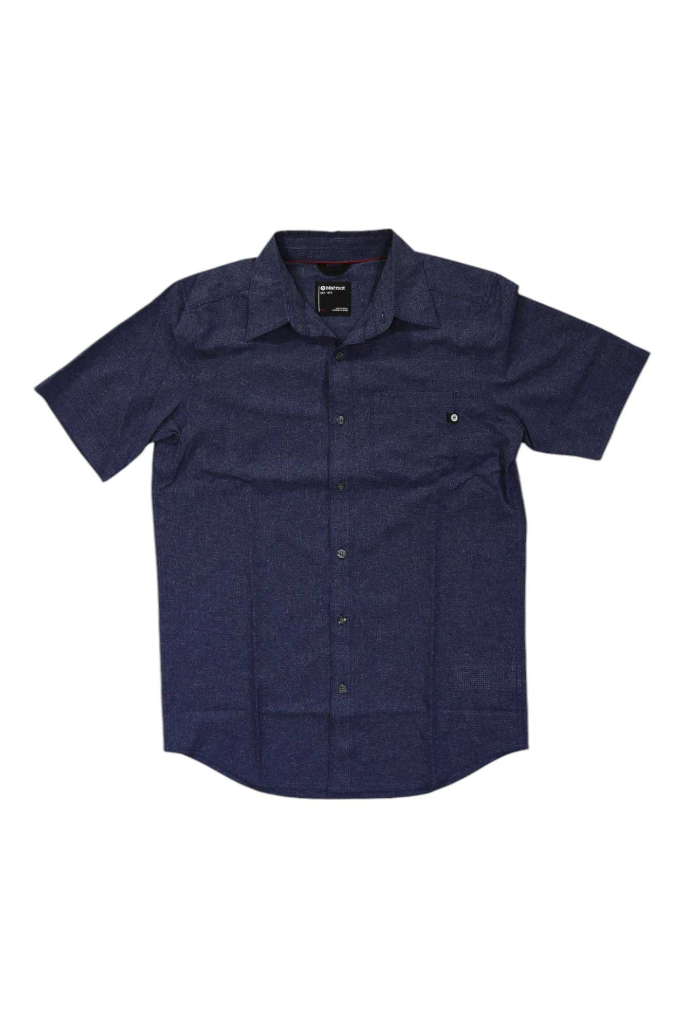 Men's short-sleeve button-down shirt, dark navy blue, chest pocket, button placket