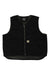 A Carhartt Men's Washed Duck Sherpa-Lined Vest in black, featuring a zip front, two pockets, and a Carhartt logo tag on the left pocket, shown against a plain white background.