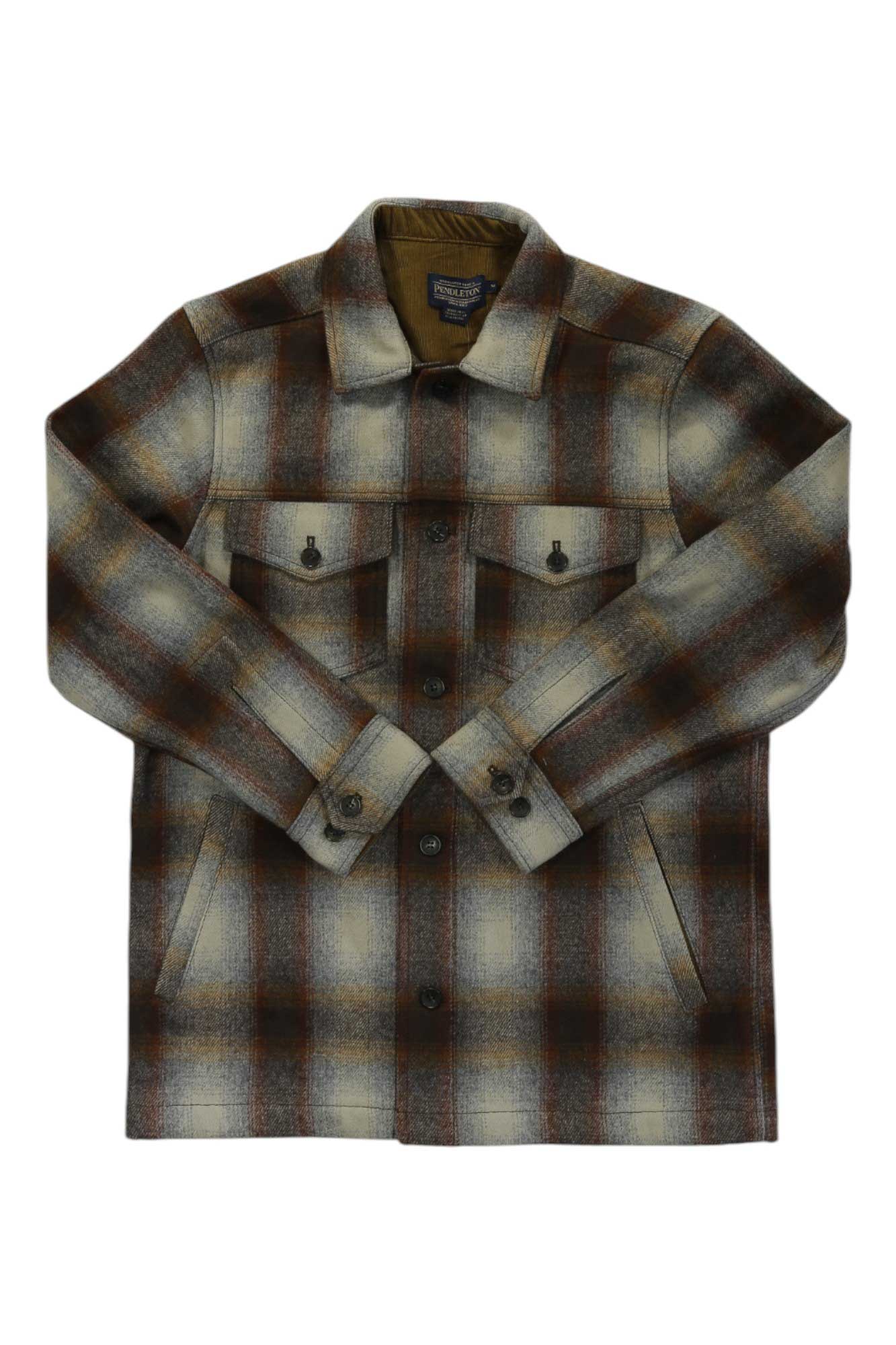 Pendleton men's Lawson coat, brown-gray plaid, button-front with flap pockets and spread collar.