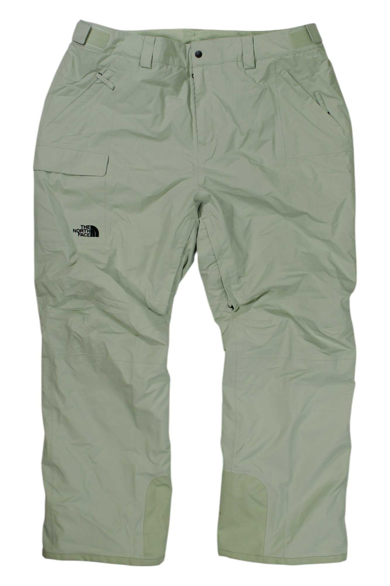 Light green The North Face Women’s Plus Freedom Insulated Pant with front and side pockets, reinforced cuffs, belt loops, and a button-zip closure, shown flat on a white background—perfect for warmth and outdoor comfort.