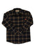 The Stormy Kromer Mens The Flannel Shirt is a soft cotton flannel in black, brown, and white plaid. It features long sleeves, a button-up front, and a small red logo patch on the left chest. Shown laid flat on a white background.