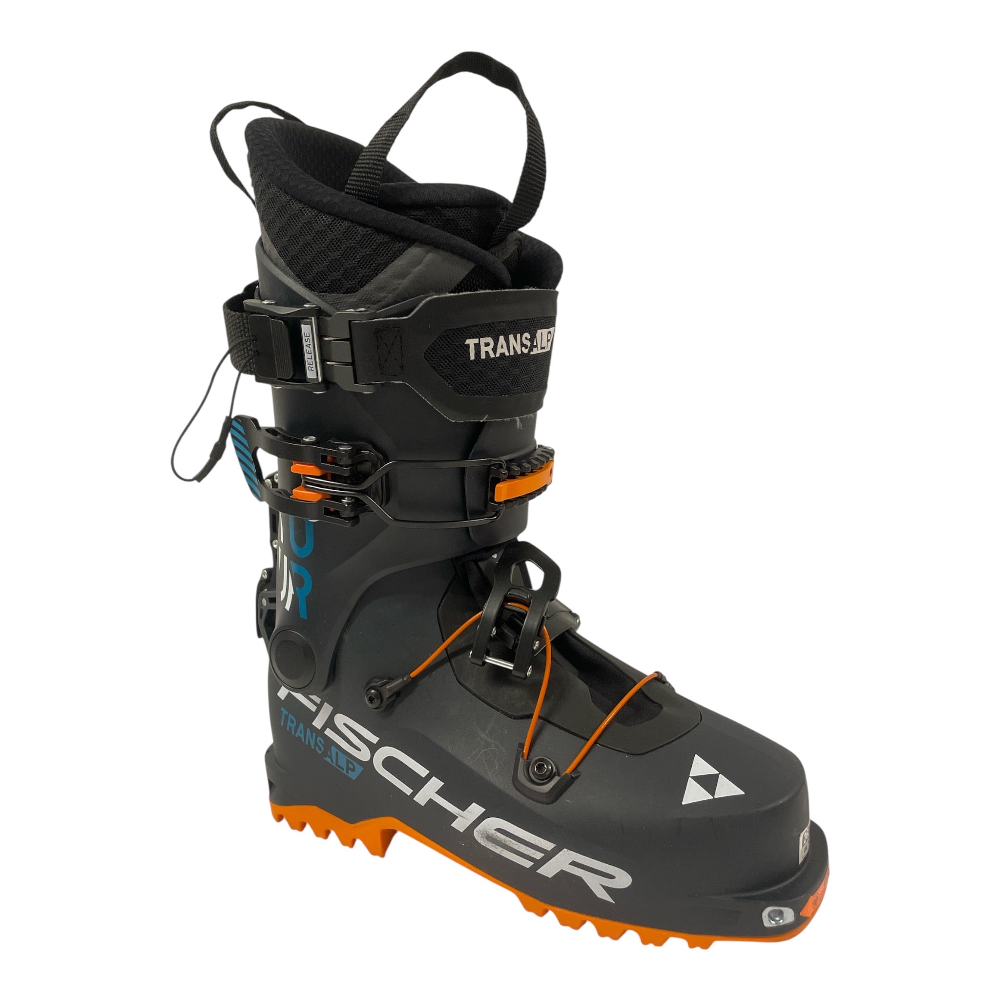 Ski boot with black shell and orange accents, front buckle and adjustable straps