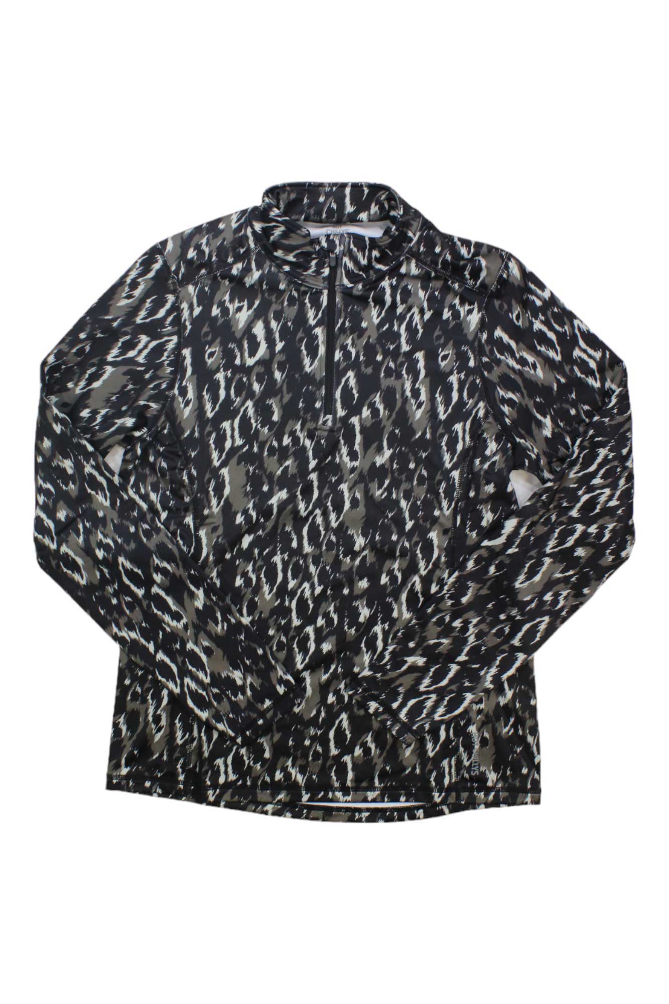 The Hot Chillys Women's Micro-Elite Chamois Printed Zip T is a zip neck pullover with a black, white, and gray animal print, designed for women and made from moisture-wicking, comfortable Micro-Elite Chamois fabric.