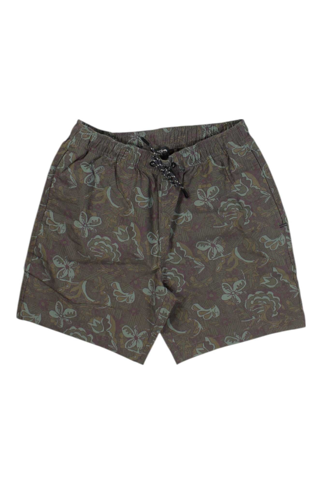 The Toad & Co Men's Boundless Pull On 7 Inch Short is a pair of brown organic cotton shorts featuring an elastic waistband, drawstring, button closure, and a subtle floral and butterfly pattern in lighter shades.