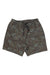 The Toad & Co Men's Boundless Pull On 7 Inch Short is a pair of brown organic cotton shorts featuring an elastic waistband, drawstring, button closure, and a subtle floral and butterfly pattern in lighter shades.