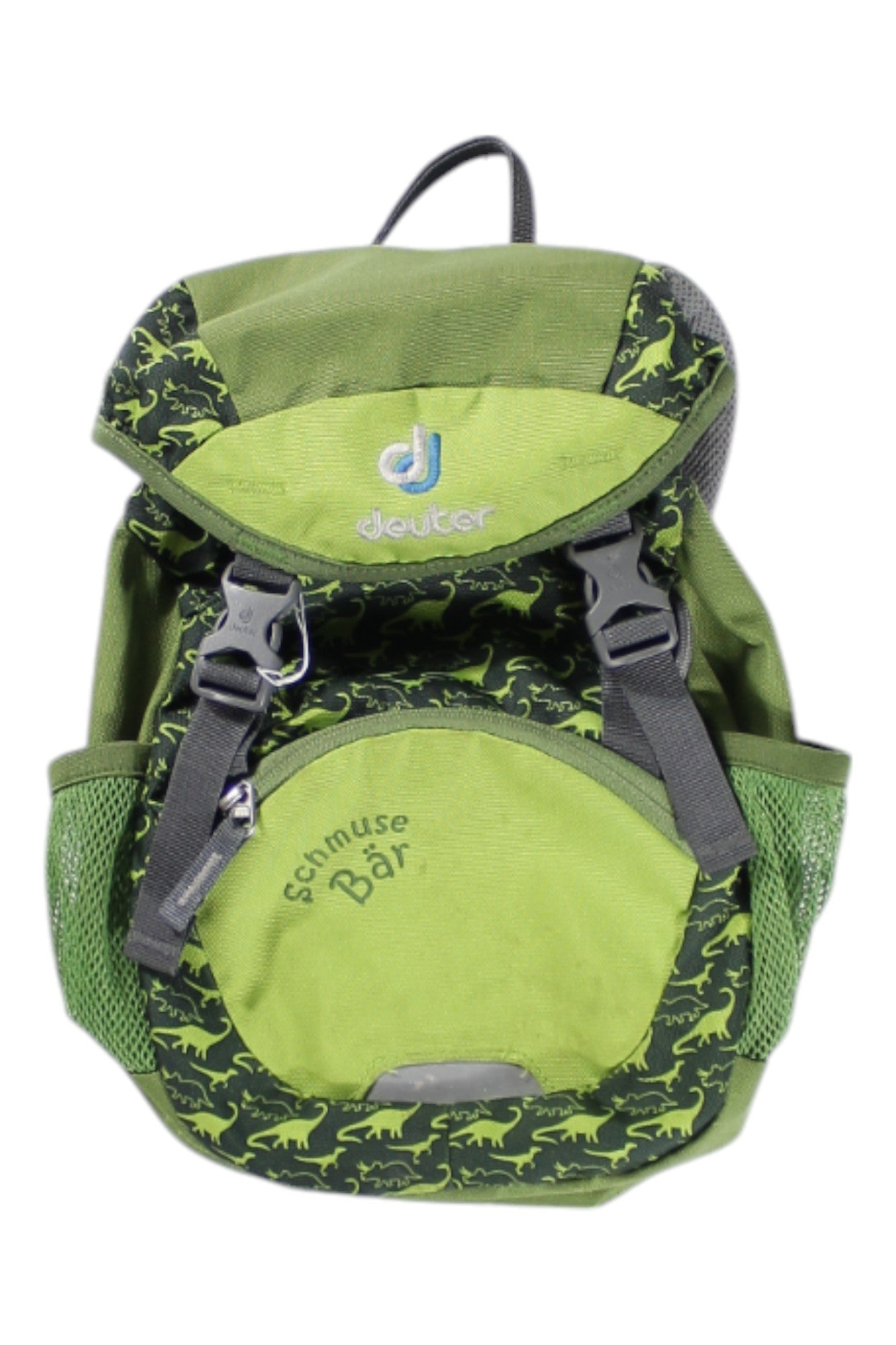 A green Deuter Kids Schmusebar Pack with black and green dinosaur patterns, mesh side pockets, gray buckles, and "Schmuse Bär" printed on the front pocket.