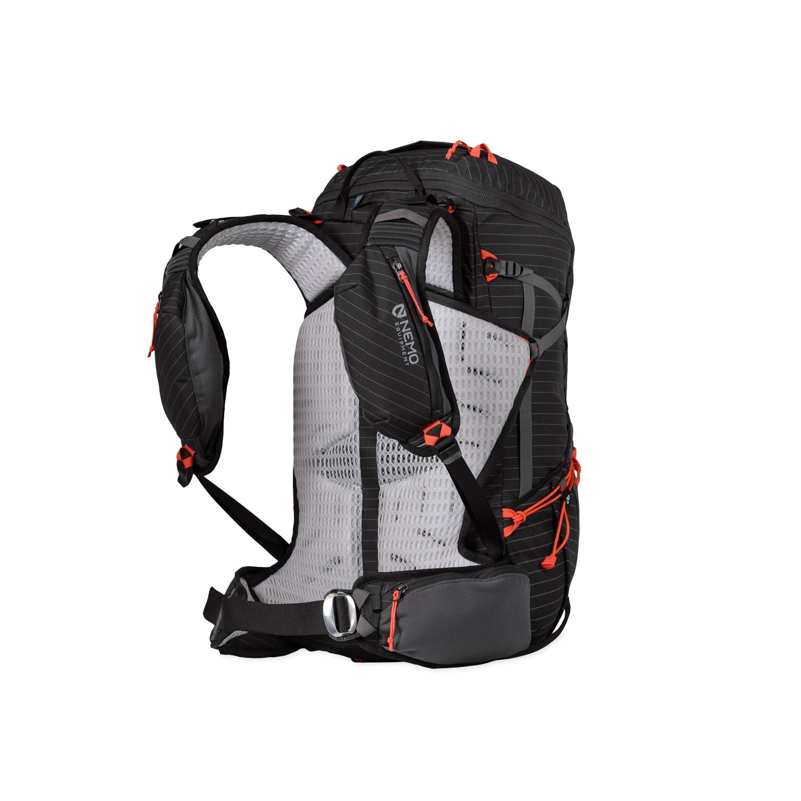The Nemo Mens Persist 30L Pack is a black and gray mountain backpack with orange accents, padded shoulder straps, mesh back panel for ventilation, and adjustable straps and buckles, shown on a white background.