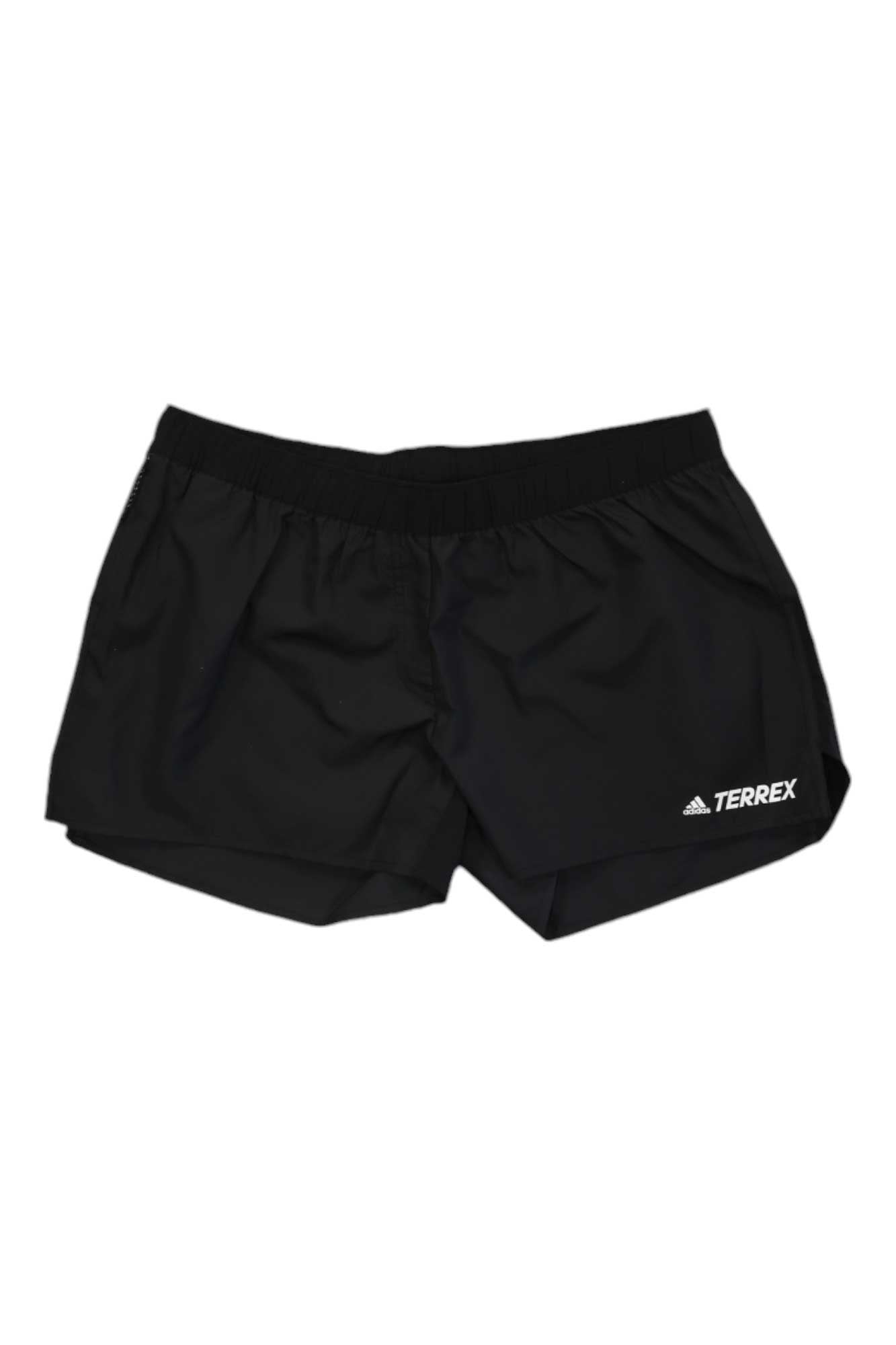 The Adidas Womens Terrex Trail 3 Inch Shorts are black with an elastic waistband, moisture-wicking fabric, and a white Adidas Terrex logo on the lower left leg—ideal trail running shorts for any adventure.