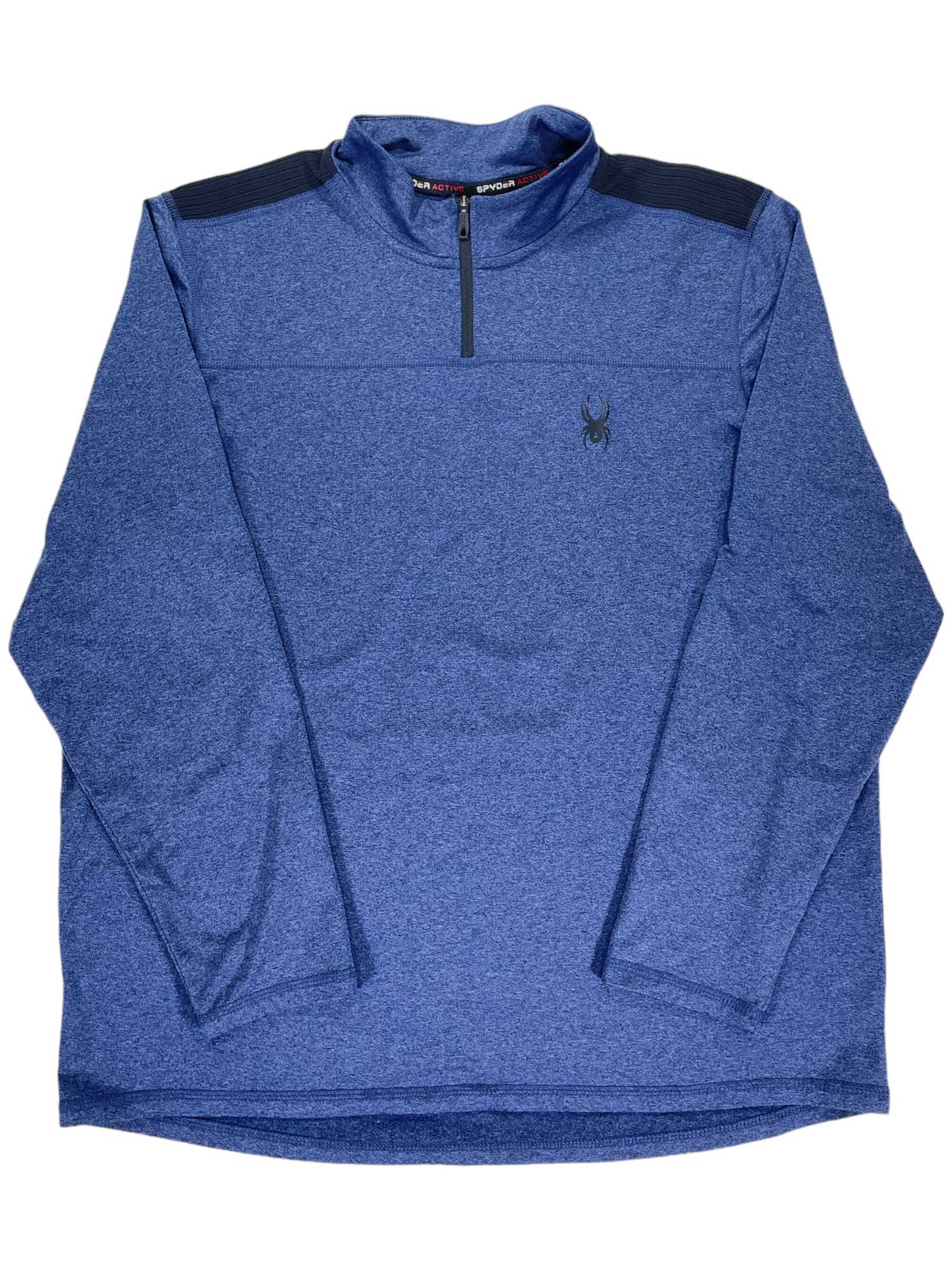 The Active 1/4 Zip Top is a heathered blue long-sleeve pullover featuring black shoulder accents and a small black spider logo on the left chest, designed for comfort and moisture management.