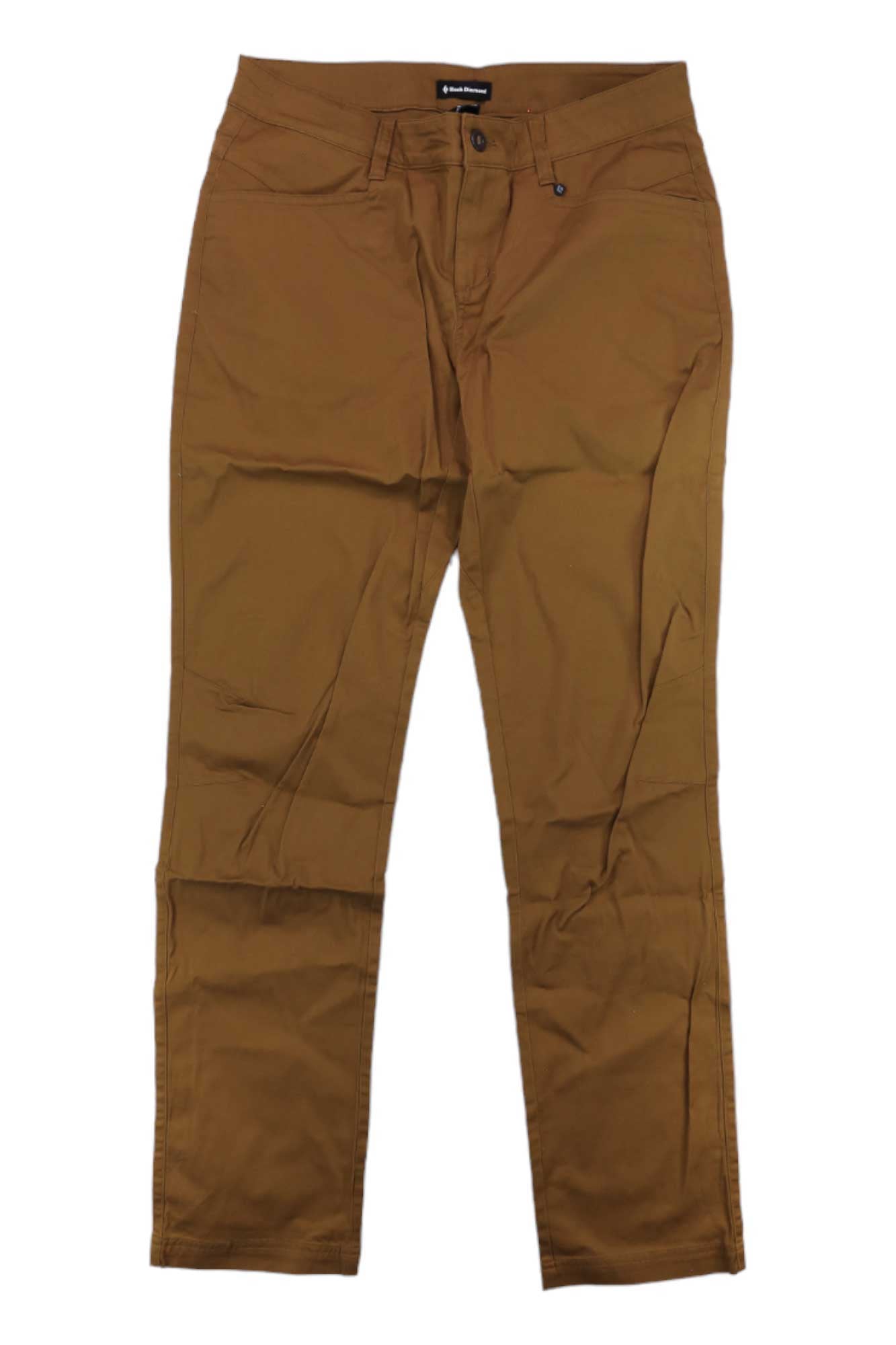 The Black Diamond Womens Notion SL Pant, shown flat on a white background, features a button and zipper closure, belt loops, and side pockets—ideal travel pants combining comfort with stylish design.