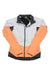 The Craft Sportswear Women's Glide Jacket is waterproof and windproof, ideal for cold-weather activities. It features color-blocking in light gray, peach, and black, plus a front zipper and zippered pockets for extra functionality.