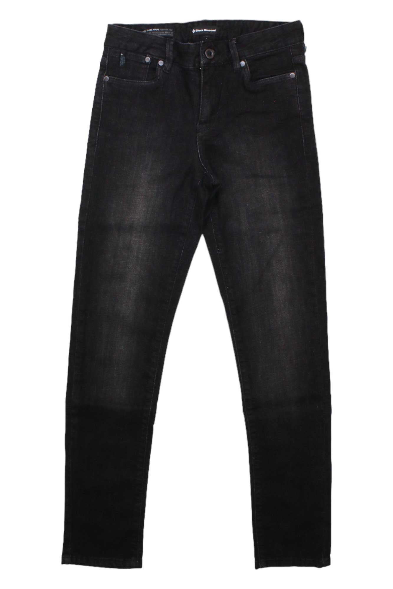 The Black Diamond Womens Crag Denim Pant features a slim fit, black wash, button-zip closure, harness-compatible design, front/back pockets, and subtle fading—ideal for climbing or daily wear.