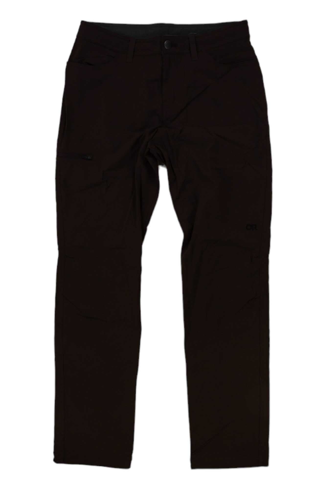 The Outdoor Research Women's Ferrosi Pant in black features a straight-leg fit, button and zipper closure, side pockets, and subtle seam details, shown laid flat on a white background.
