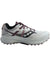 Women’s trail shoe, light gray mesh with maroon accents and rugged tread
