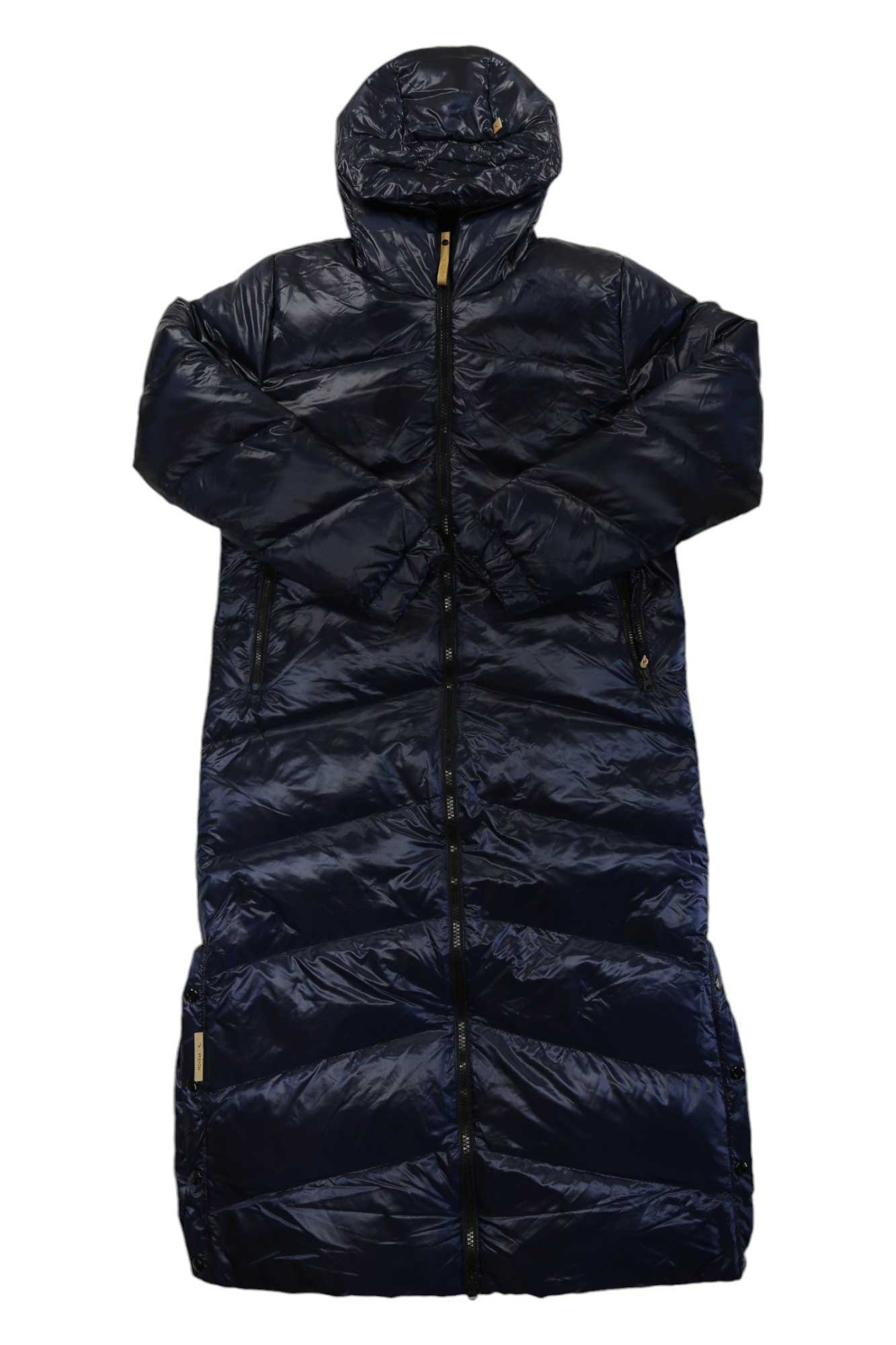 Indyeva long hooded puffer coat, dark navy, front zip and side pockets