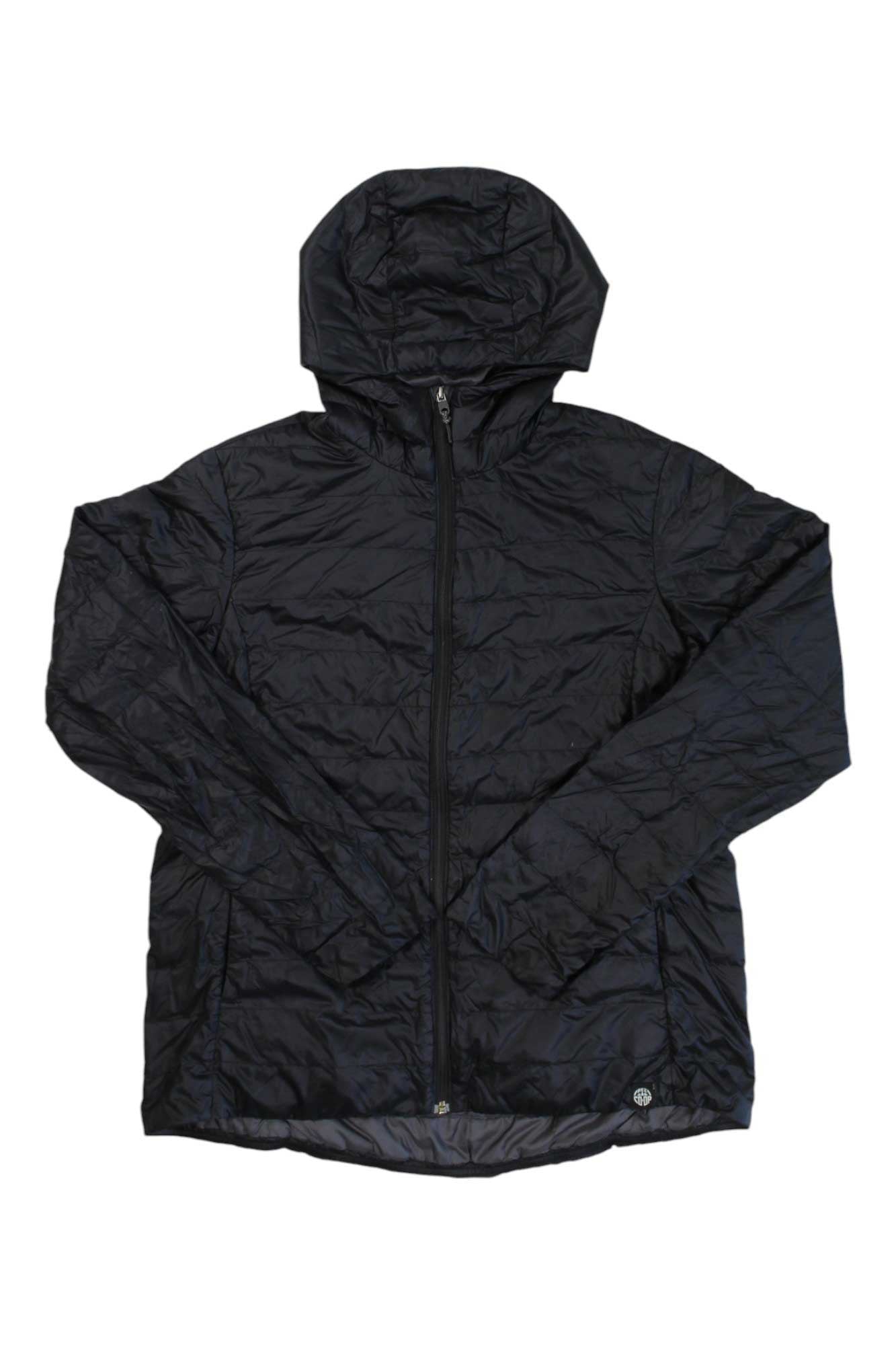 Women’s black down hoodie with full-zip and hood, long sleeves, quilted baffle design