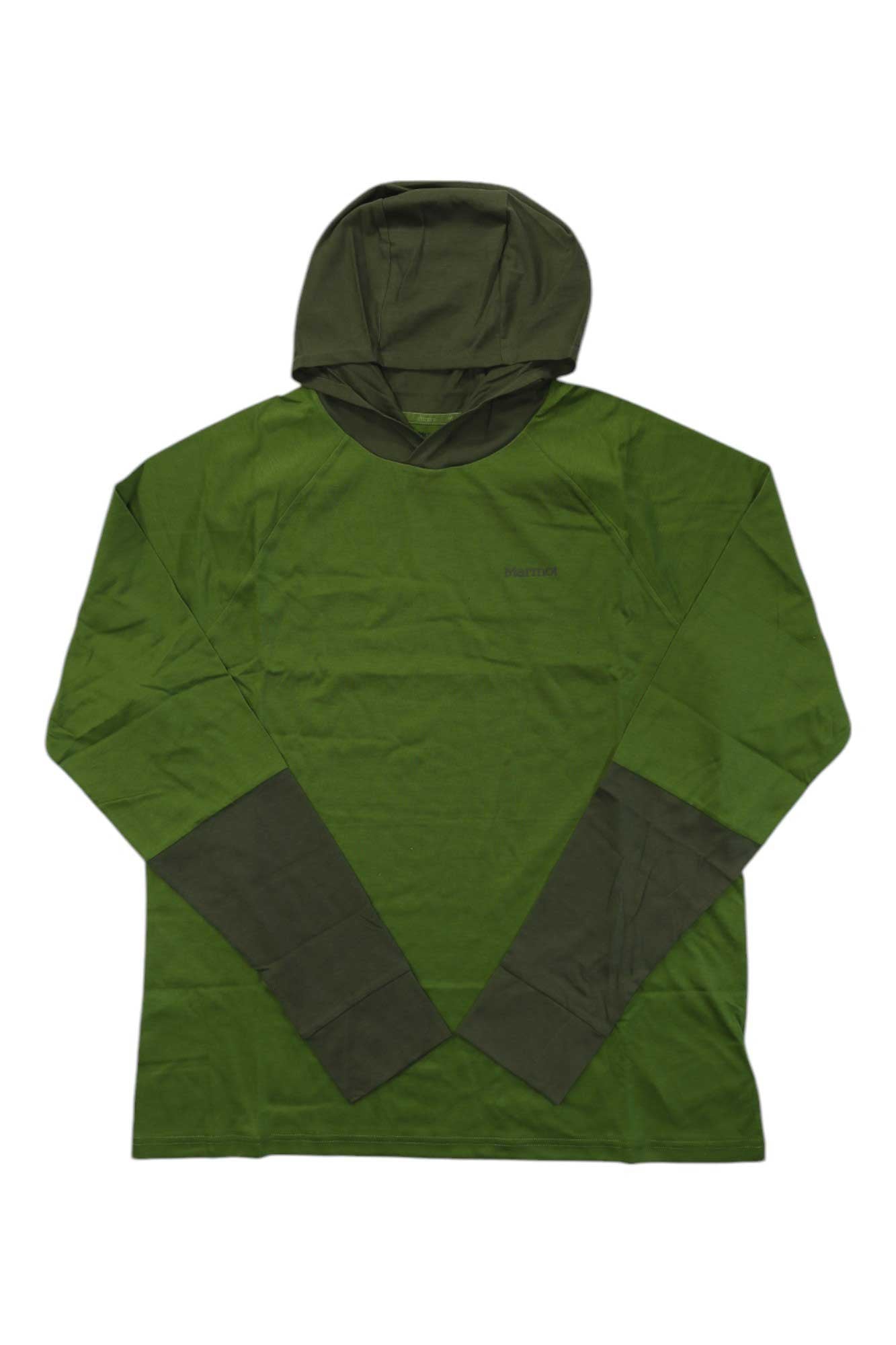 Men's crossover hoody with hood, olive green with dark gray chevron panels, chest logo