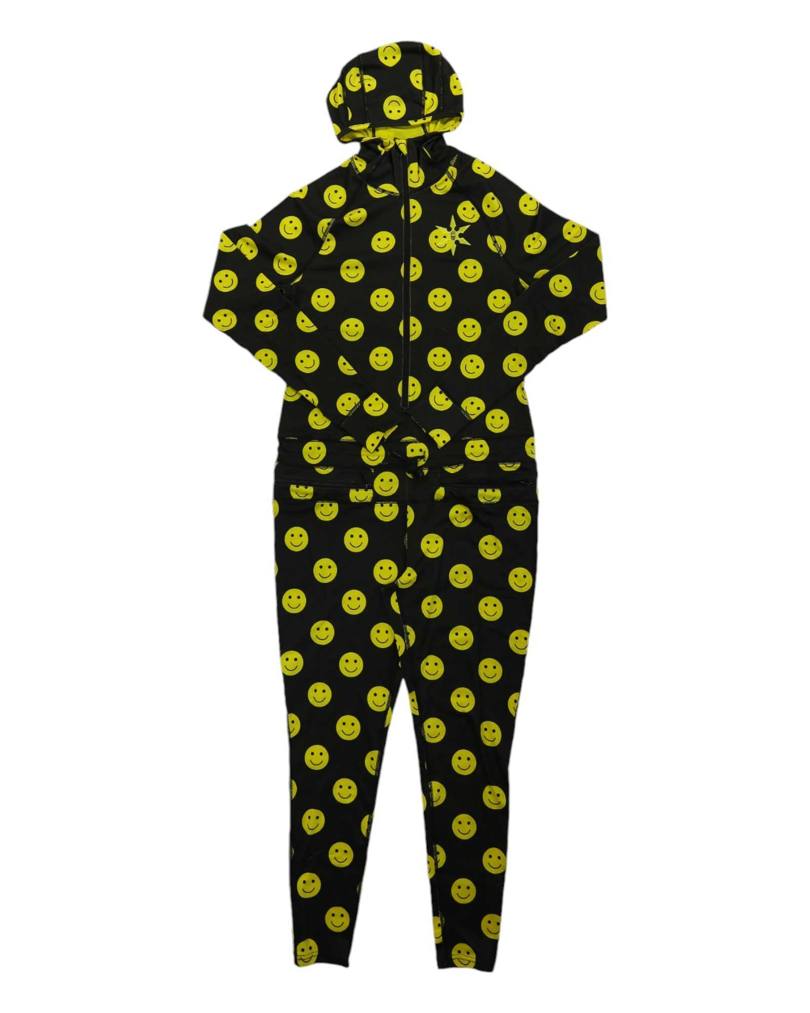The Airblaster Womens Classic Ninja Suit is a black hooded tracksuit with a yellow smiley face print, made from 4-way stretch fabric for comfort, shown flat on a white background and inspired by bold Airblaster style.