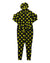 The Airblaster Womens Classic Ninja Suit is a black hooded tracksuit with a yellow smiley face print, made from 4-way stretch fabric for comfort, shown flat on a white background and inspired by bold Airblaster style.