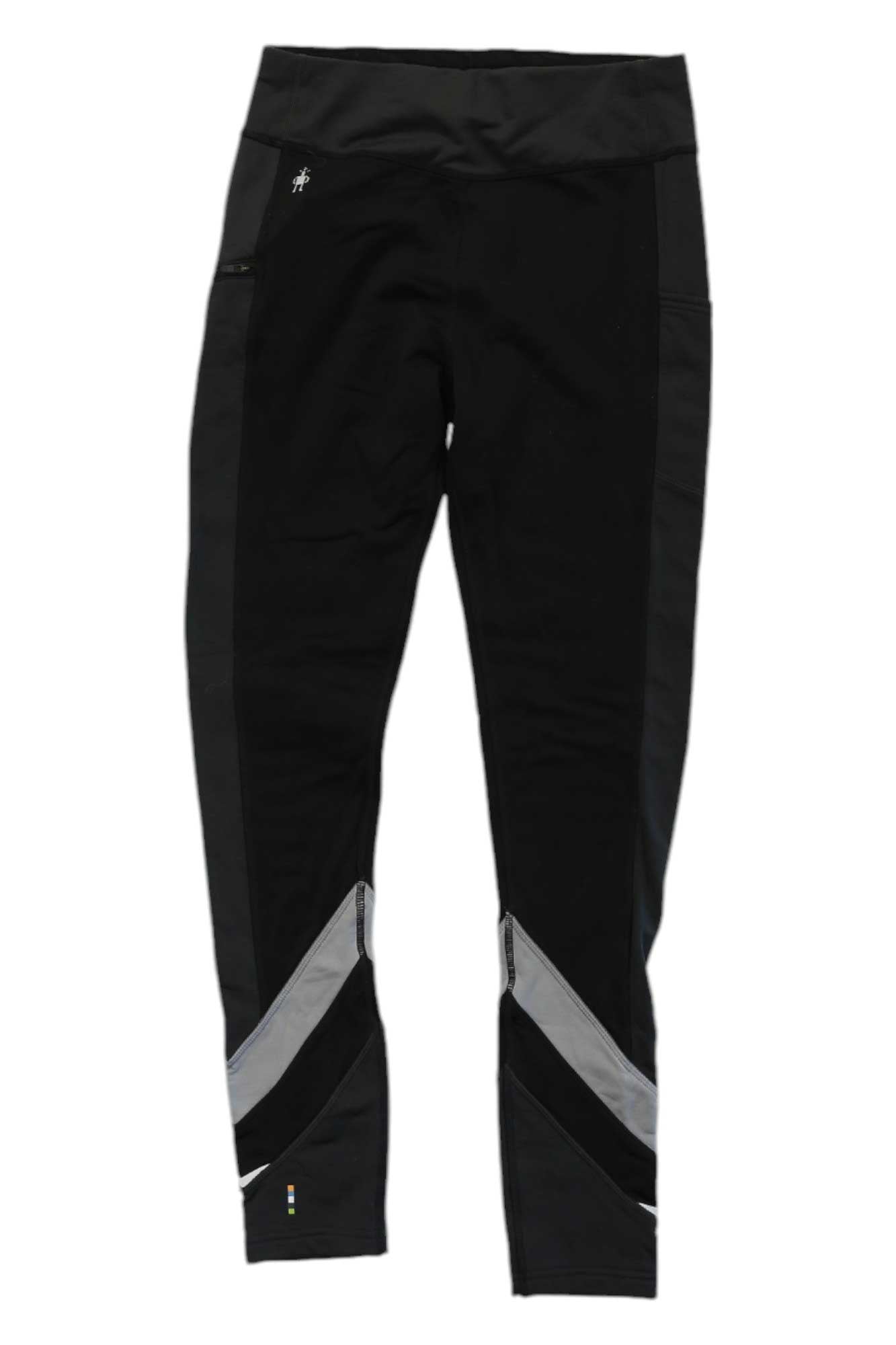 Black tights with gray diagonal colorblock panels on lower legs, sport fleece