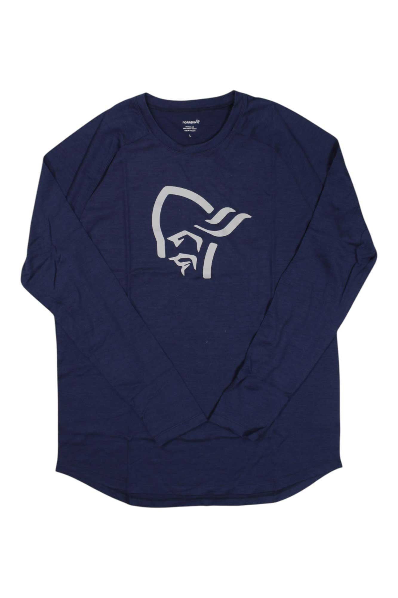 Norrona men's long-sleeve top, navy crew neck with white graphic logo on chest