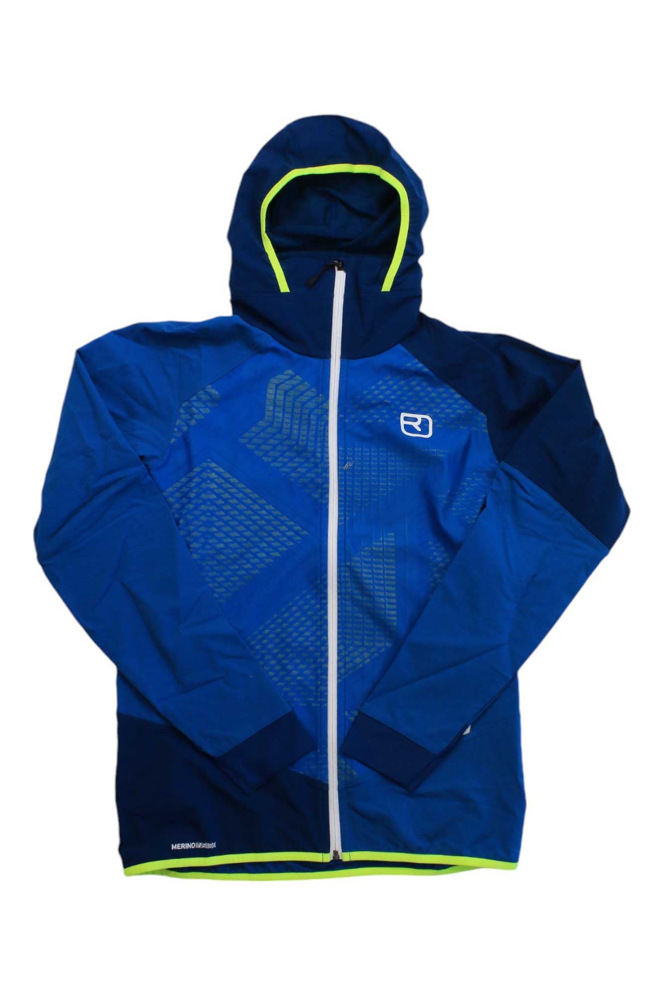 Men's Ortovox Col Becchei hooded jacket, mountain blue with neon green trim and zip front
