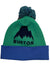 The Burton Kids Recycled Trope Beanie is a winter hat with a blue folded brim, pom-pom, dark blue mountain design, BURTON logo on the front, and made from recycled polyester.