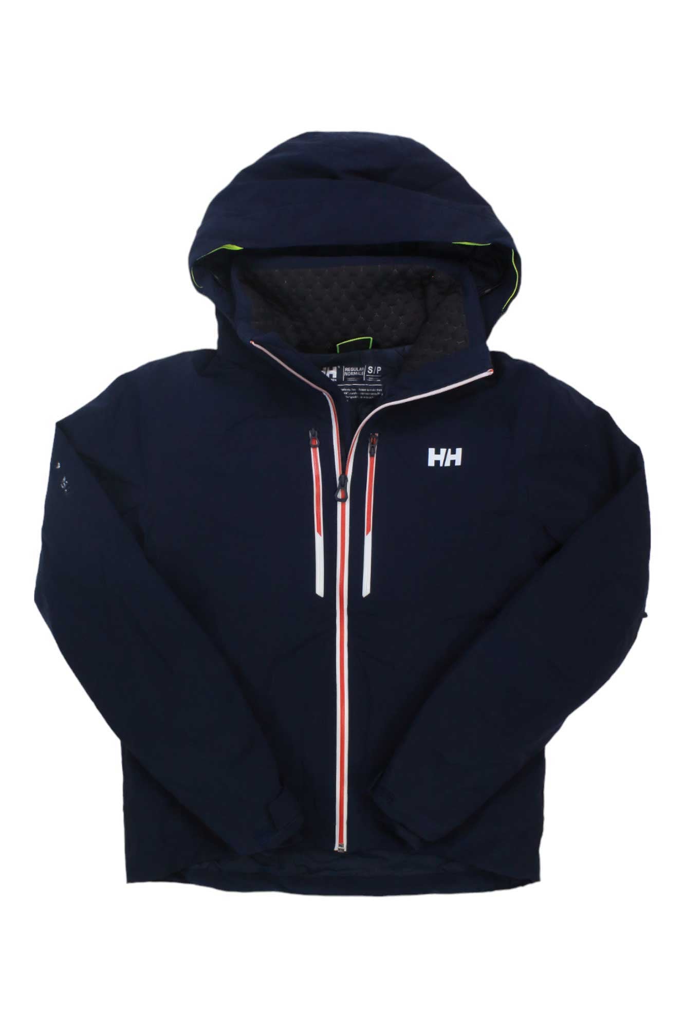 The Helly Hansen Mens Alpha Lifaloft Jacket is a navy blue insulated waterproof ski jacket with a hood, front zipper, two chest pockets, high collar, quilted lining, and the HH logo on the left chest.