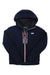 The Helly Hansen Mens Alpha Lifaloft Jacket is a navy blue insulated waterproof ski jacket with a hood, front zipper, two chest pockets, high collar, quilted lining, and the HH logo on the left chest.