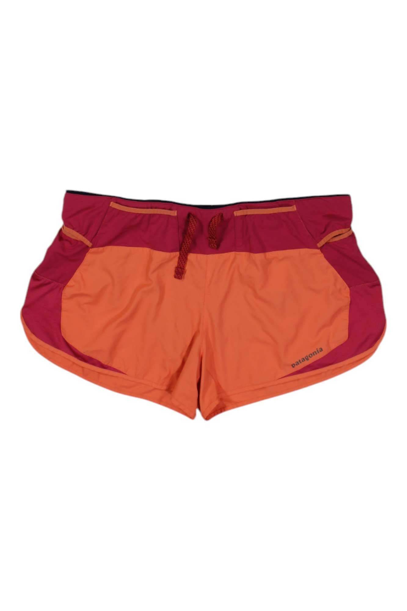 Women's 3-inch athletic shorts with maroon waistband, orange body, drawstring