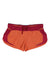 Women's 3-inch athletic shorts with maroon waistband, orange body, drawstring