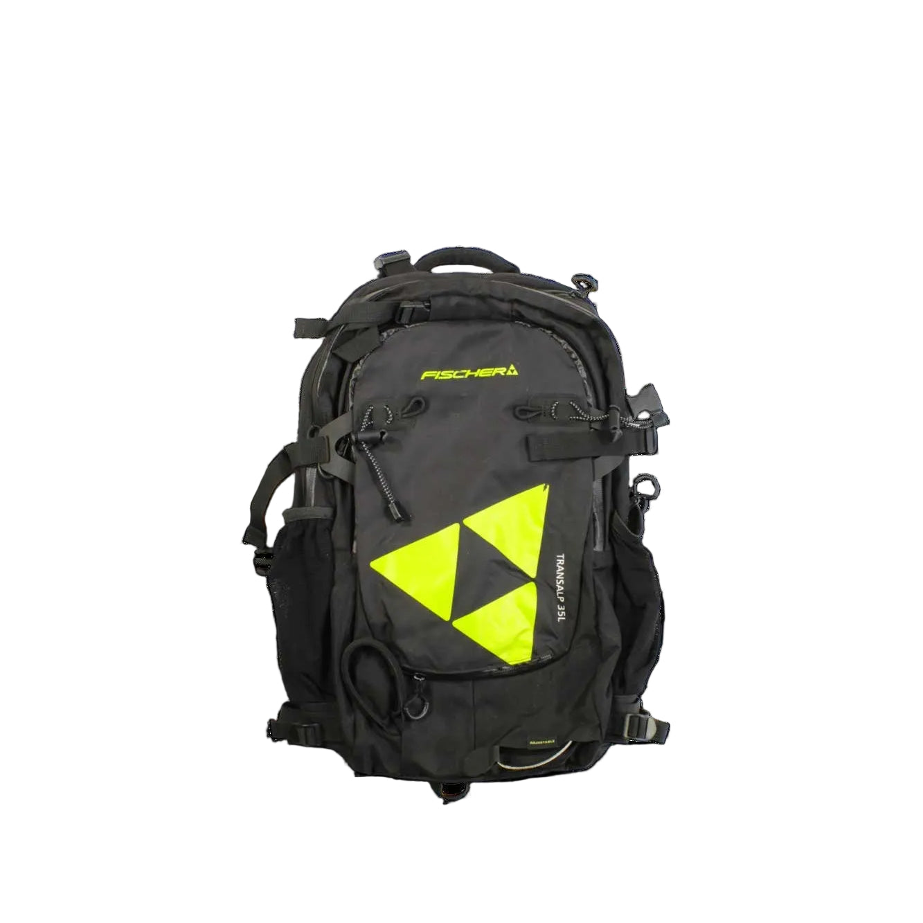 The Fischer Transalp 35L Pack is a black backpack with bright yellow geometric accents, multiple straps, and buckles—ideal for outdoor or sports use—shown against a plain white background.