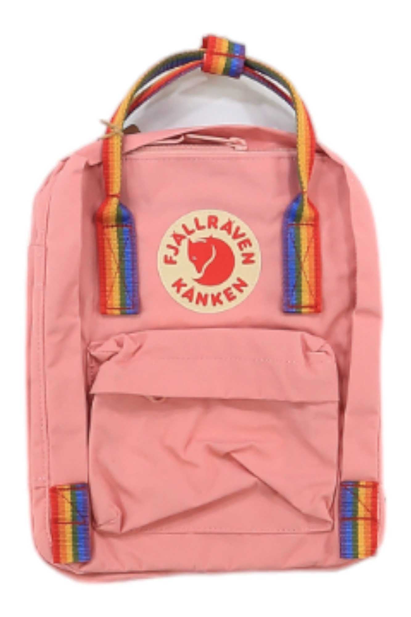 Mini backpack with pink body, rainbow striped top handles, and front pocket flap
