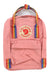 Mini backpack with pink body, rainbow striped top handles, and front pocket flap