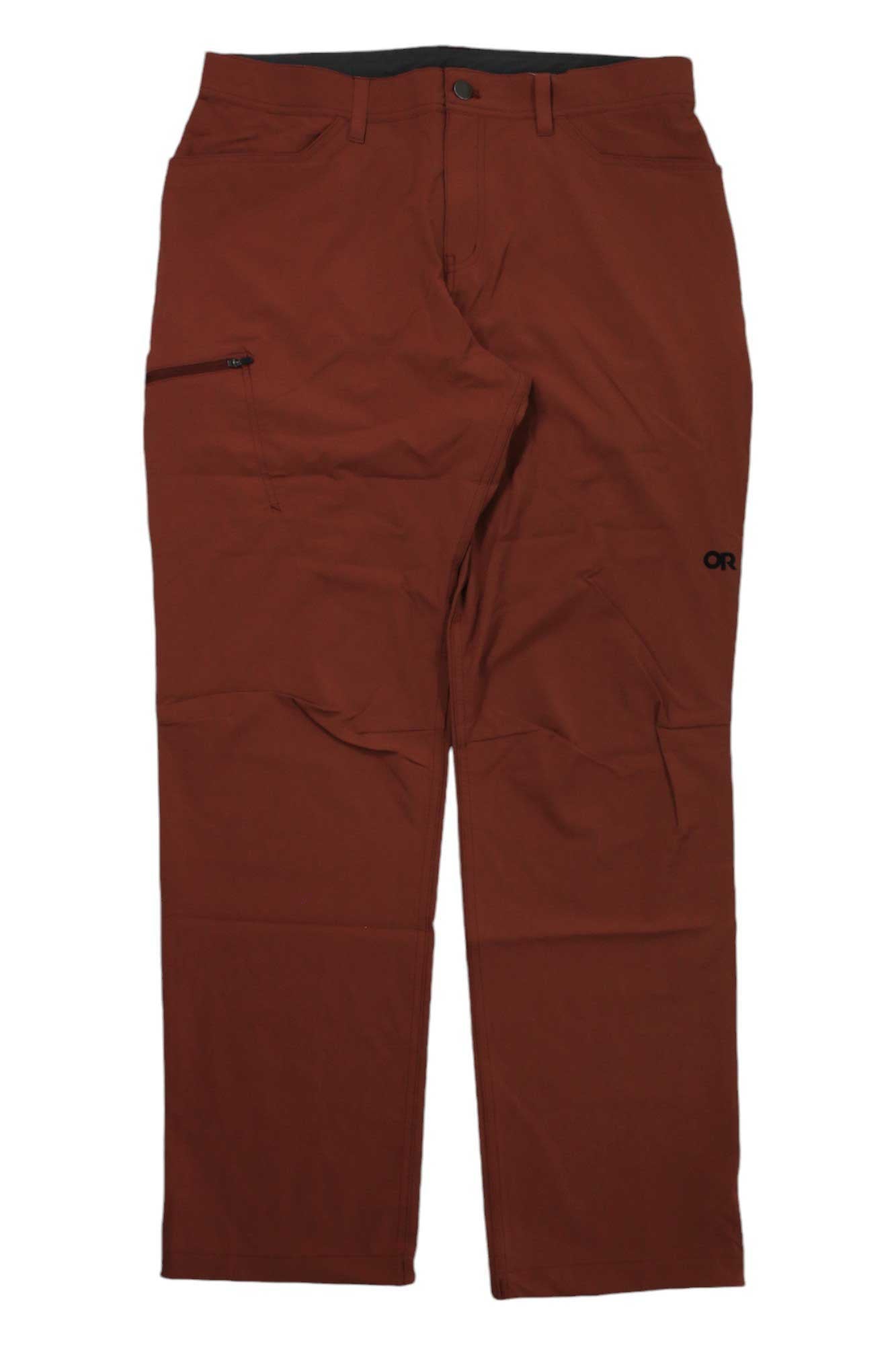 Men's Ferrosi pants in brick red with button waist and cargo side pockets