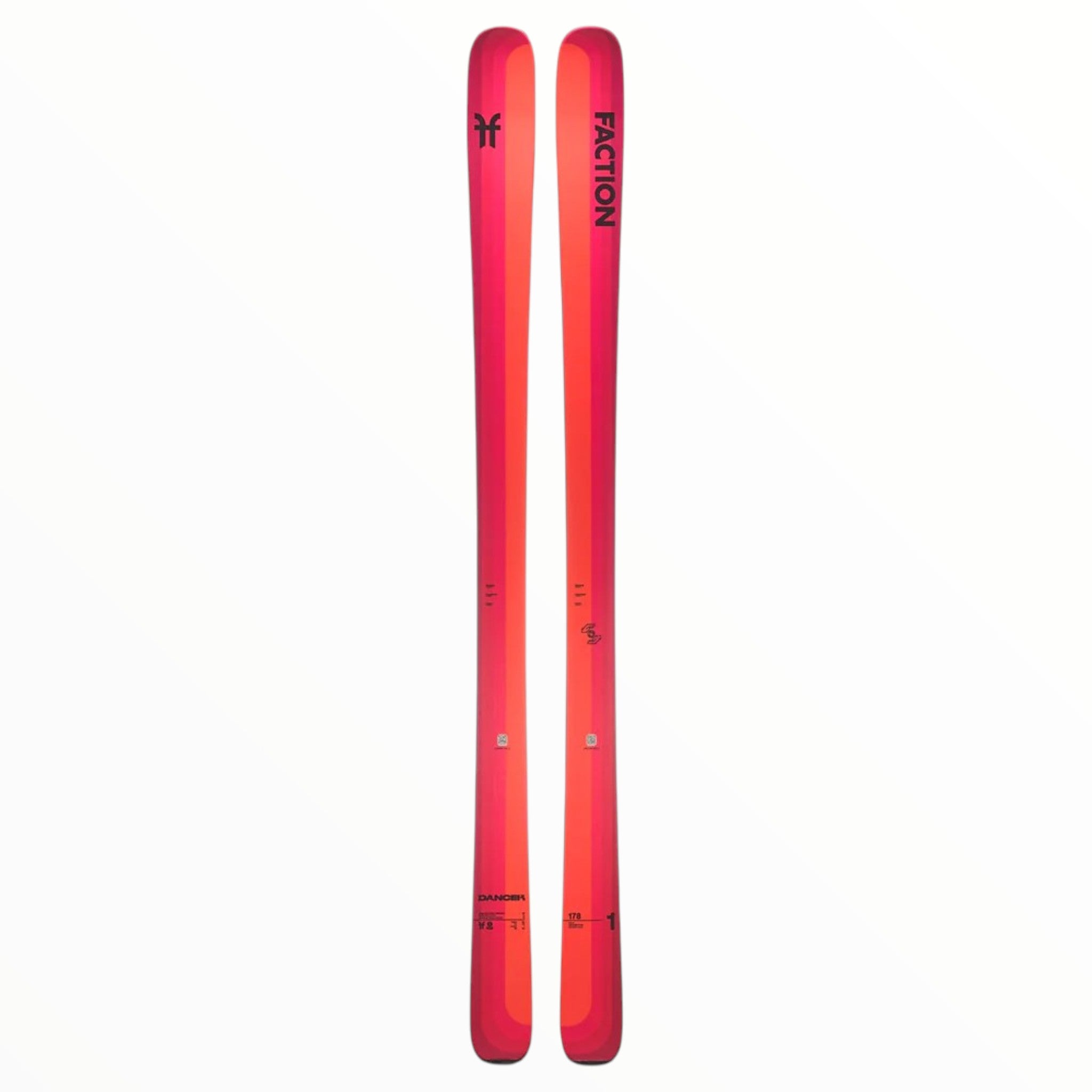 The Faction Dancer 1 Skis - 2023 are bright red piste skis shown side by side on a white background, featuring black branding and subtle tip and binding designs, crafted for top performance on groomed runs.