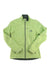 A light green Womens Apex Bionic Soft-Shell Jacket by The North Face, featuring long sleeves, a high collar, and two zippered side pockets, is laid flat on a white background.