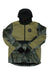 The Airblaster Mens Trenchover Jacket features a black hood, beige front, camo sleeves, and a circular STAY WILD chest logo—a waterproof shell ideal for any outdoor adventure.