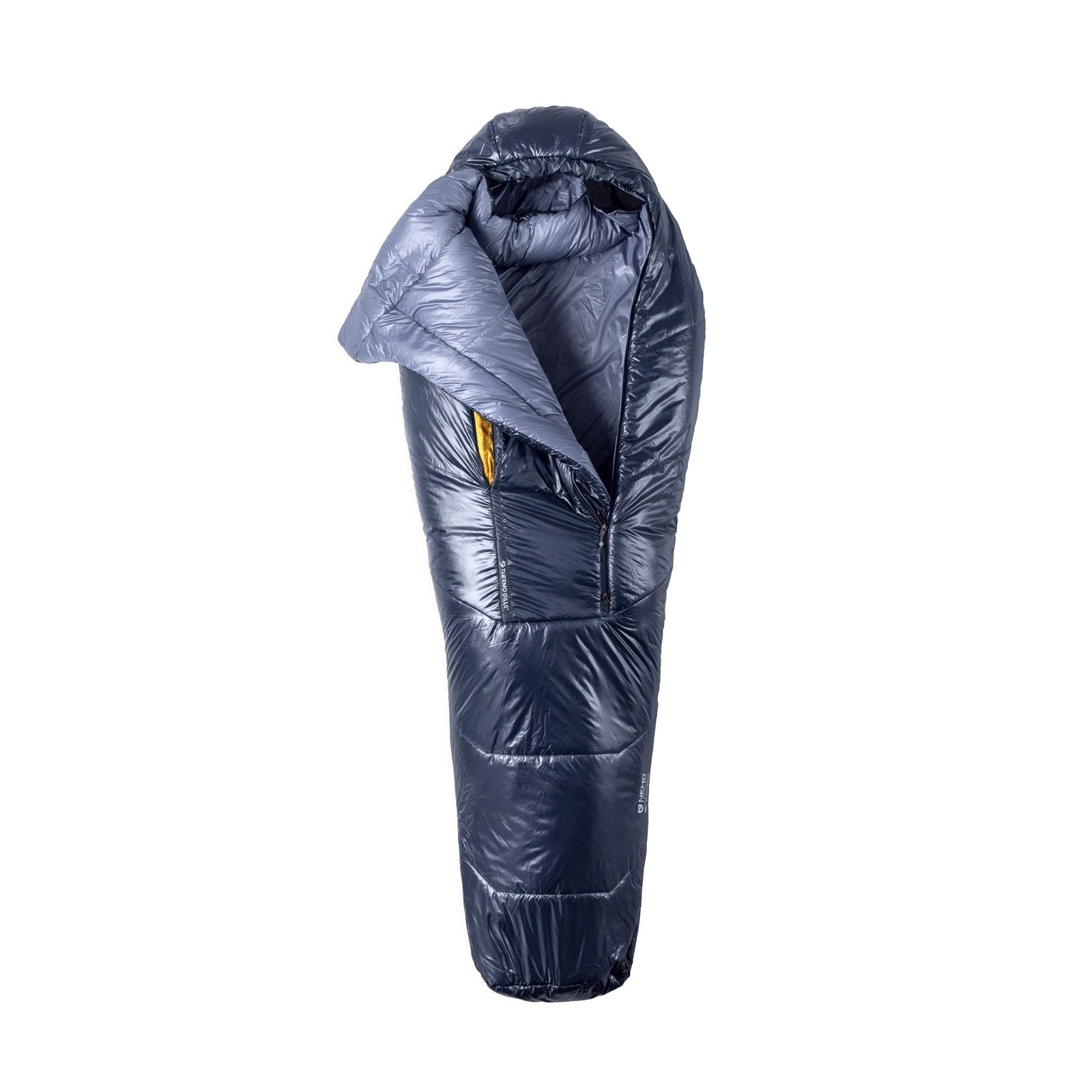 The Nemo Soul 30/40 Sleeping Bag Regular is shown upright, top flap partially open to reveal a yellow lining. Padded with recycled synthetic insulation, this dark blue tapered mummy bag is designed for cold weather use.