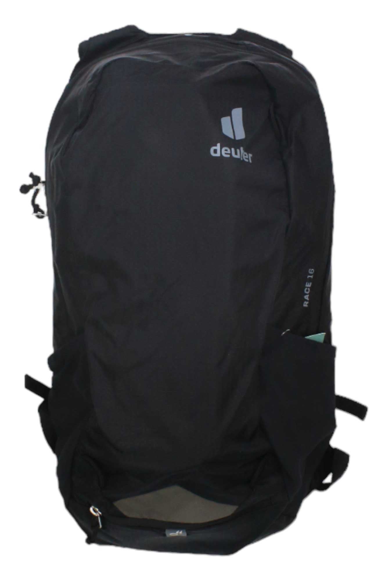 The Deuter Race 16 Pack is a black mountain biking backpack featuring a front zipper pocket, side pockets, and the Deuter logo on the upper front. The model name appears on the right side. Hydration compatible; shown empty and upright against a white background.