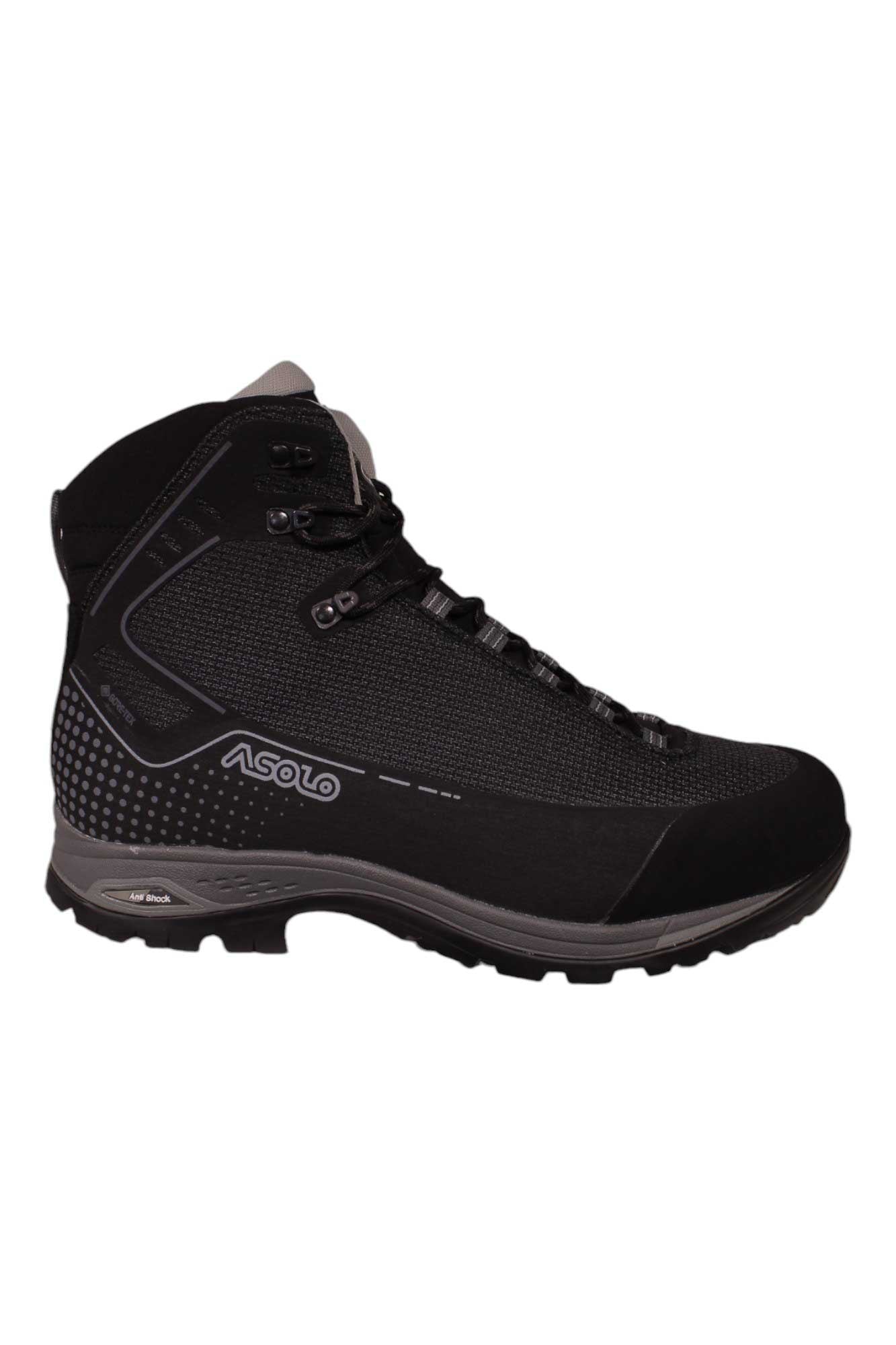 The Asolo Mens Altai EVO GV Boot is a black high-top hiking boot with gray accents, featuring a rugged Vibram MegaGrip outsole and waterproof design. The Asolo brand name is displayed on the side, shown against a plain white background.