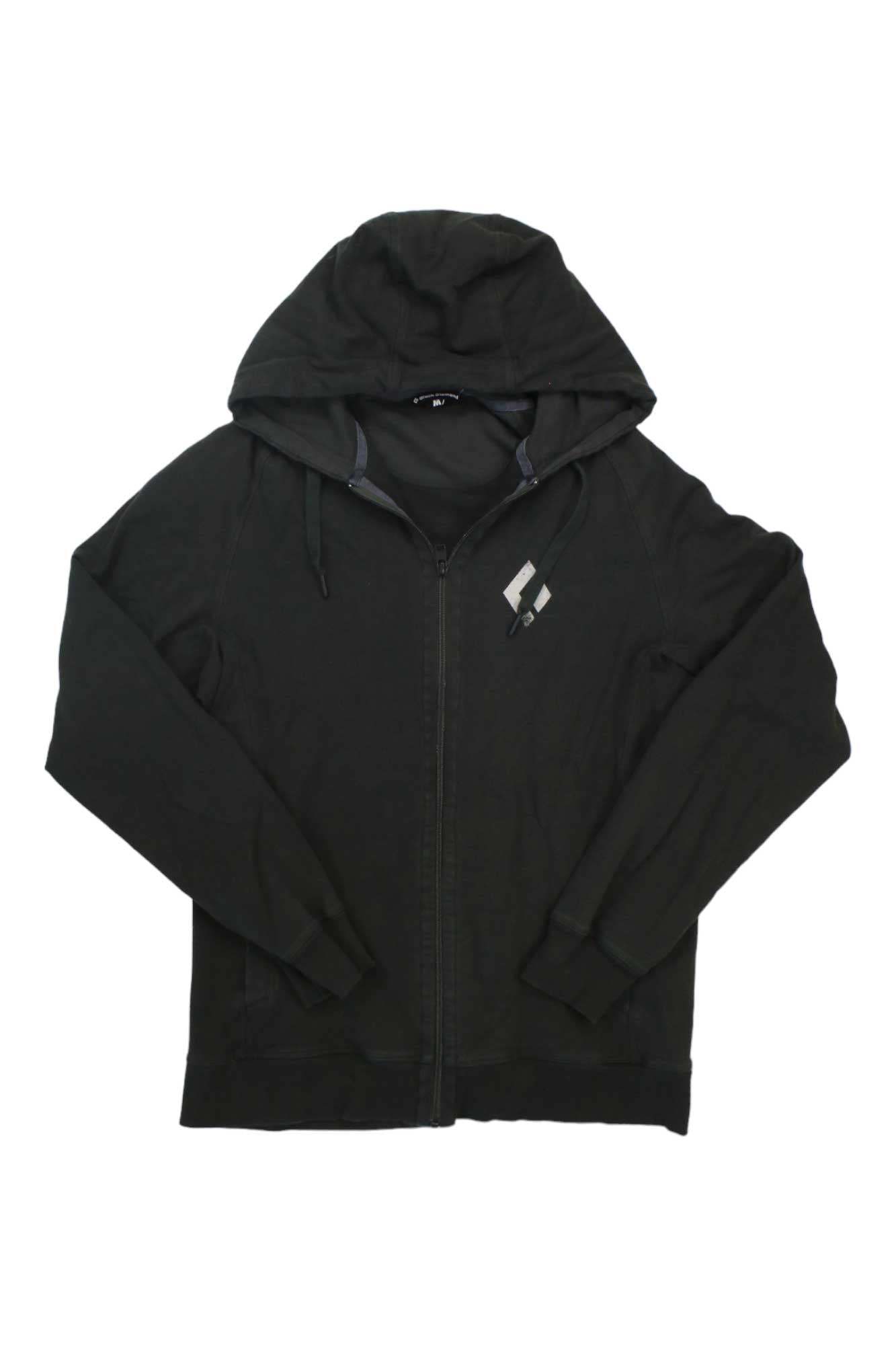 The Black Diamond Men's Chalked Up Full Zip Hoody is a black organic cotton zip-up with a drawstring hood and a small white and gray geometric logo on the left chest, ideal for climbing or casual wear. Shown on a plain white background.