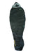 Dark green quilted sleeping bag with hood and footbox, zip front, logo patch