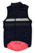 The Rapha Mens Brevet Gilet is a breathable, sleeveless cycling vest in navy blue with reflective stripes, a pink lower back featuring the Rapha logo, front zipper, and high collar for comfort and visibility on every ride.