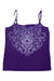 Purple graphic cami tank with lace-like swirl front design and spaghetti straps