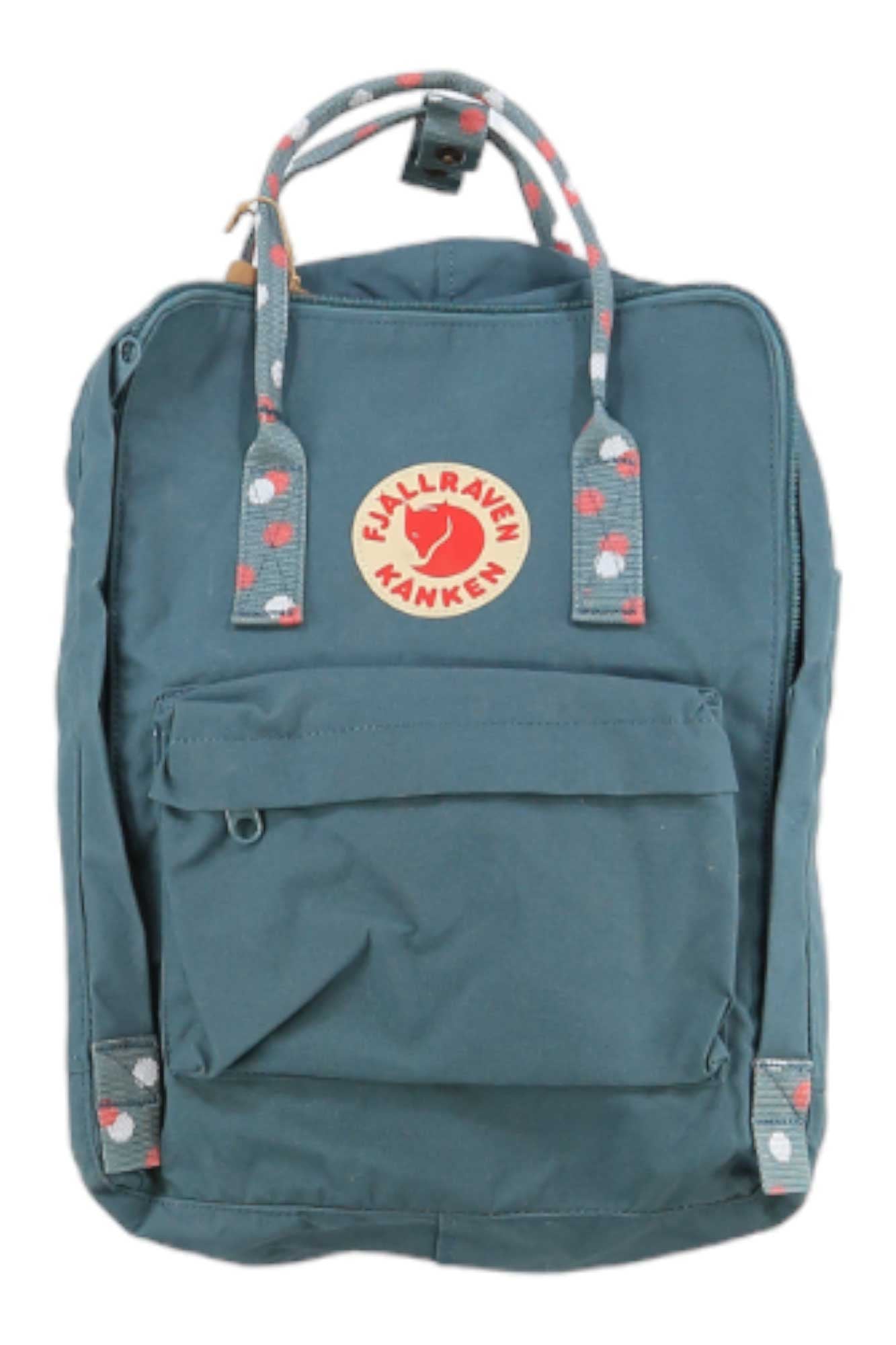 Fjallraven Kanken backpack, dark teal with front zip pocket and webbing straps