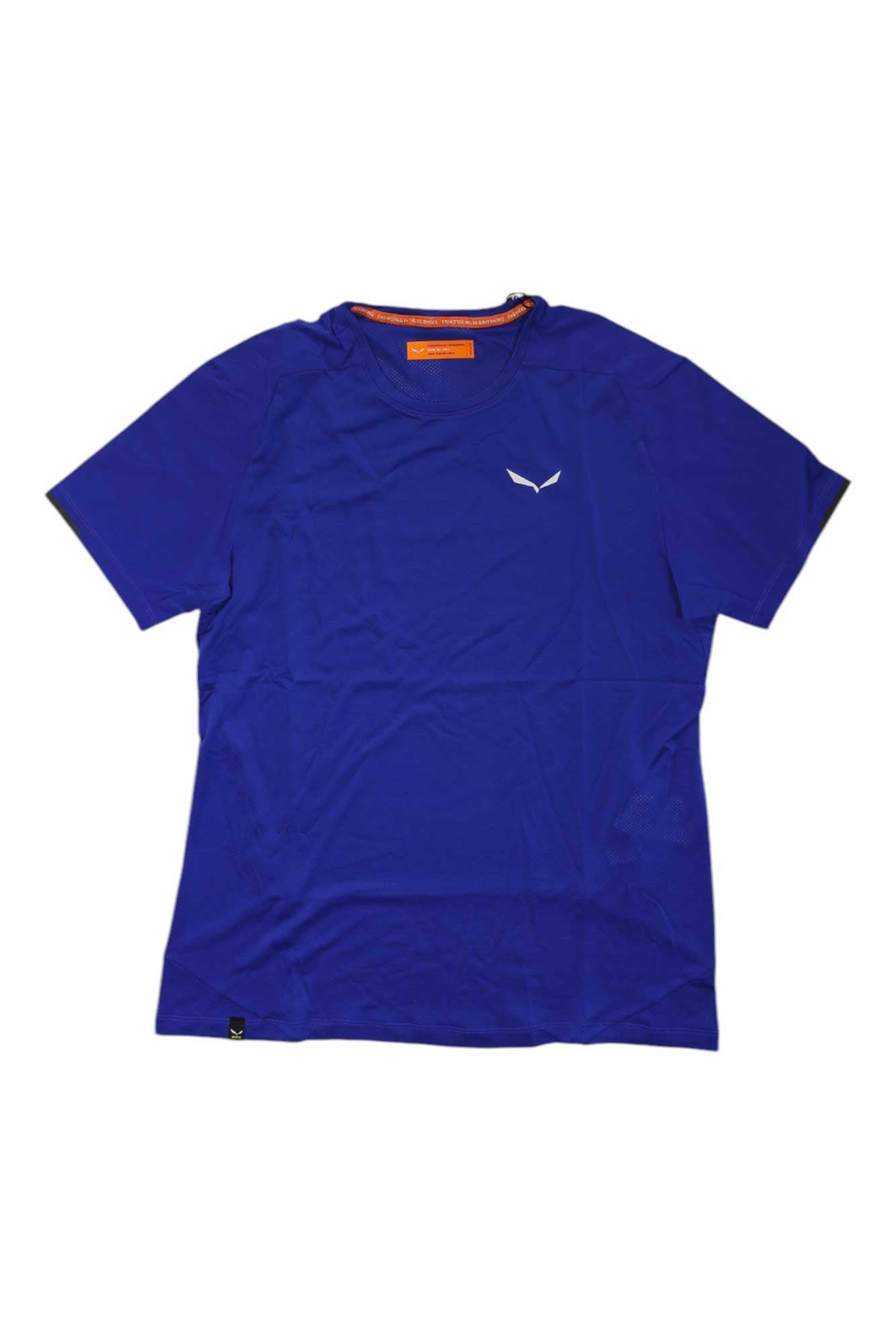 Men's athletic T-shirt in electric blue, short sleeves, small white chest logo, orange neck tag