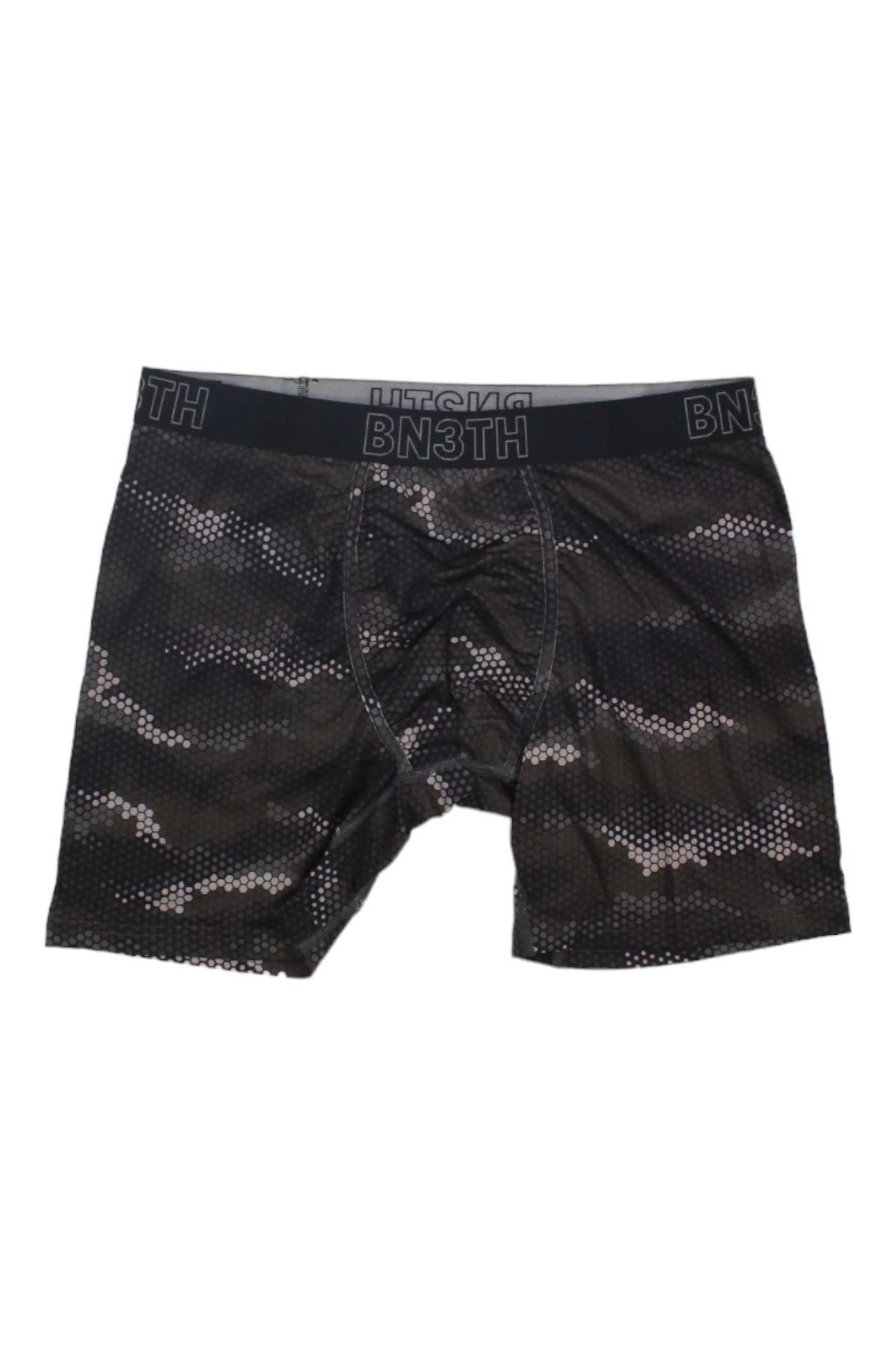 The BN3TH Men's Pulse Boxer Brief features a black BN3TH waistband, a dark camo pattern, and small perforations throughout the fabric for moisture-wicking comfort.